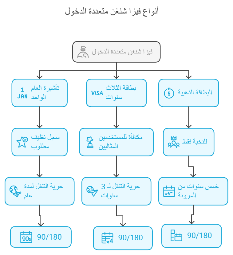 رسم توضيحي لمحتلف أنواع فيزا شنغن متعددة الدخول